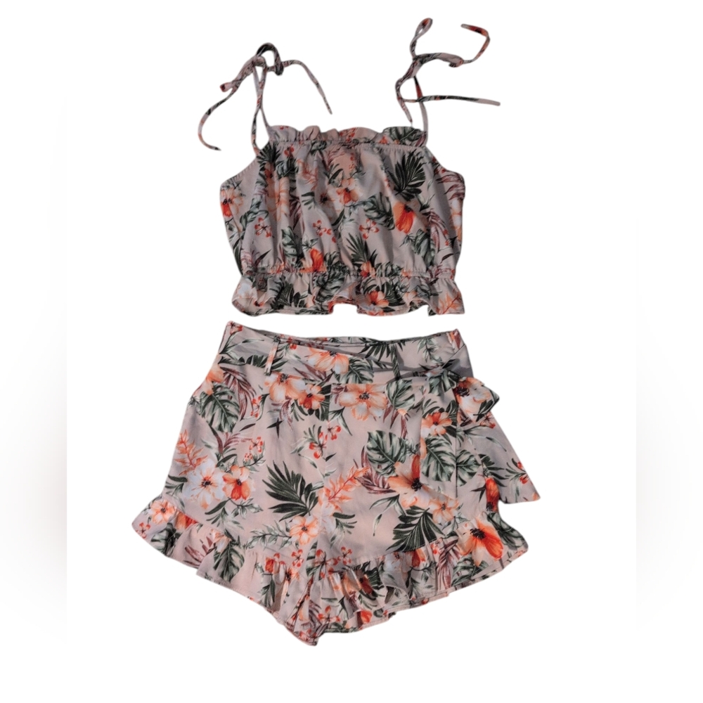 Paper Crane Top‎ and Shorts Set S Pink/Orange Tropical Print Ruffled Flirty Twee